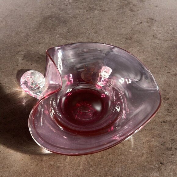 Pilgrim Heart Shaped Nappy Handle Cranberry Glass Dish Hand Blown Glass W Handle - Picture 3 of 16